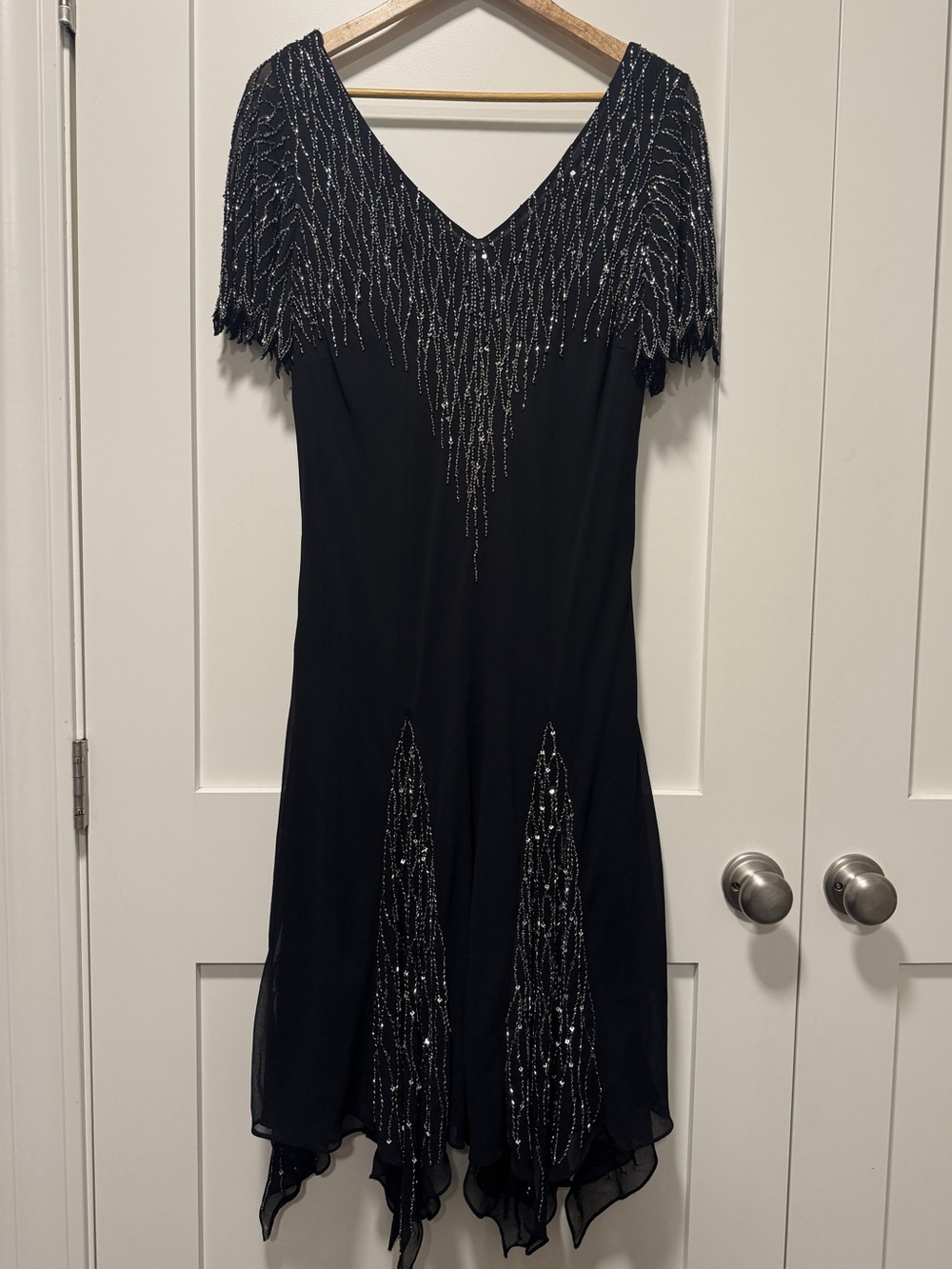 J Kara Black Beaded V-Neck Cocktail Dress